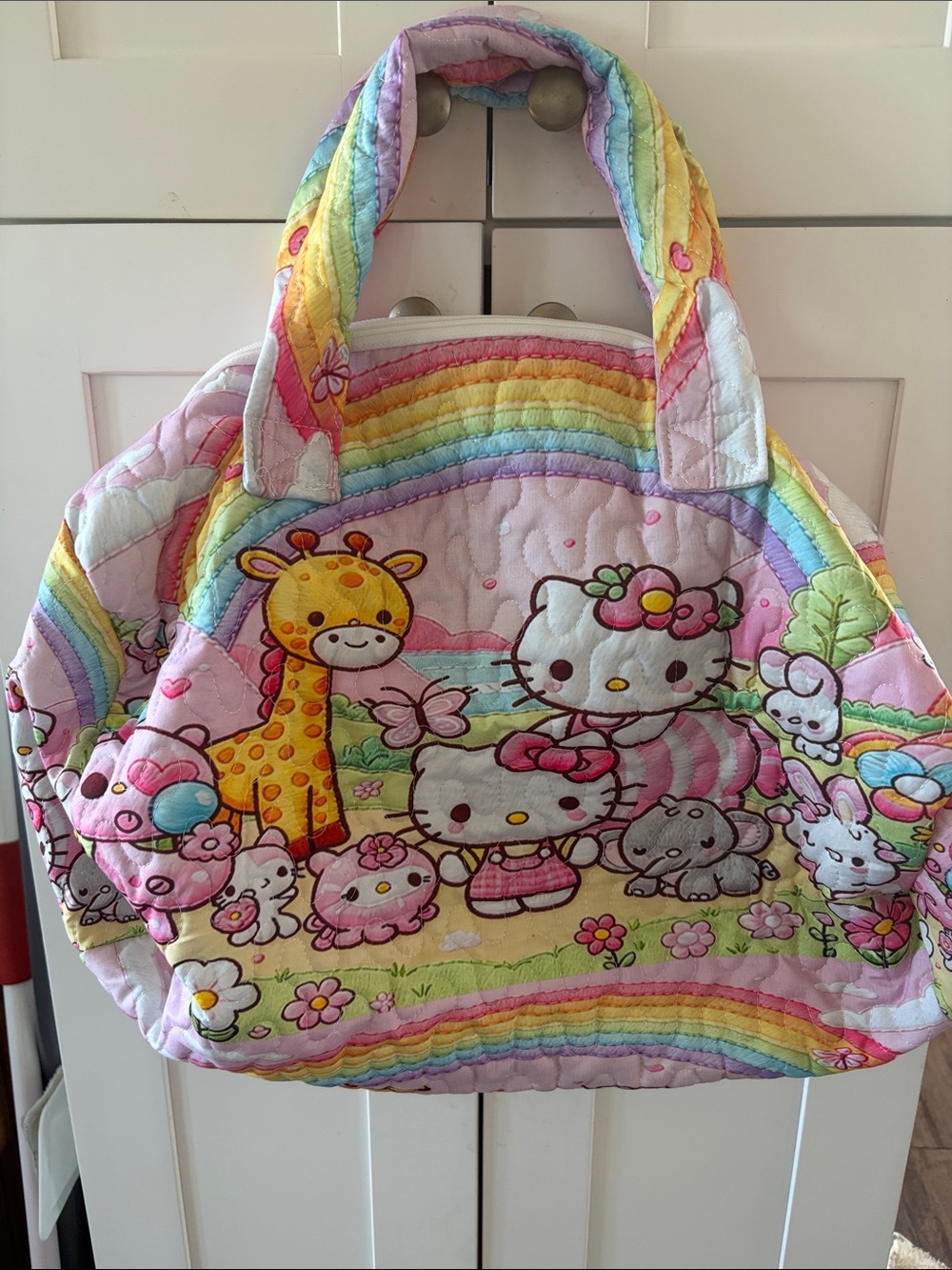 Hello Kitty Pastel Rainbow Quilted Kids Tote - Pink Multicolor Large Quilted Bag